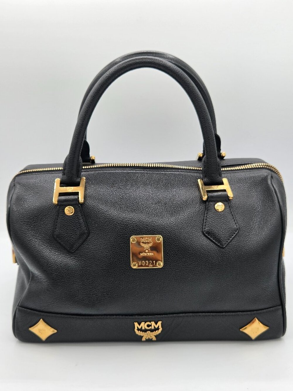 Authentic MCM Black Leather Boston Bag | Gold Hardware | Classic Top Handle